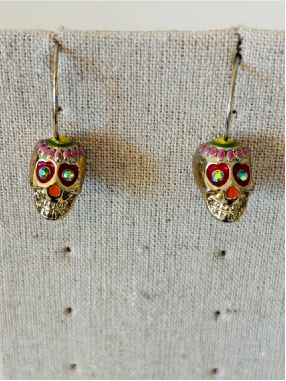 Betsey Johnson Calypso Sugar Skull Drop Earrings Gold Tone